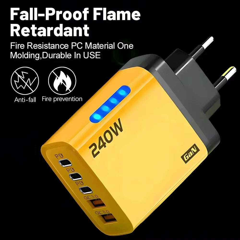 5 in 1 240W GaN Fast Charger With LED Light 2USB+3Type-C Multi Port Phone Charger for iPhone 16 15 pro Samsung Huawei Xiaomi 15