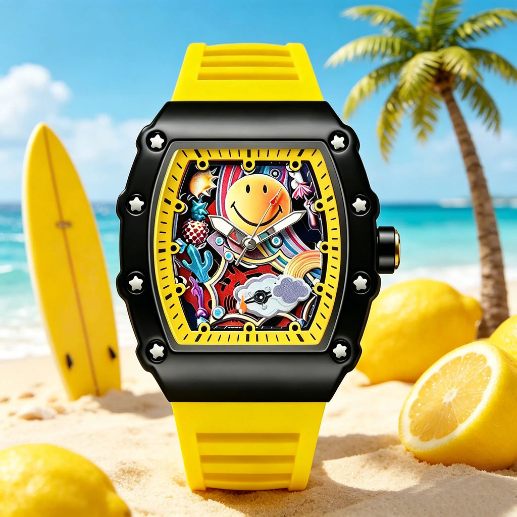Hip Hop Smiley Face Graffiti Quartz Watch Unique Tonneau Case Colorful Dial Sport Silicone Band Casual Wristwatch for Men Women