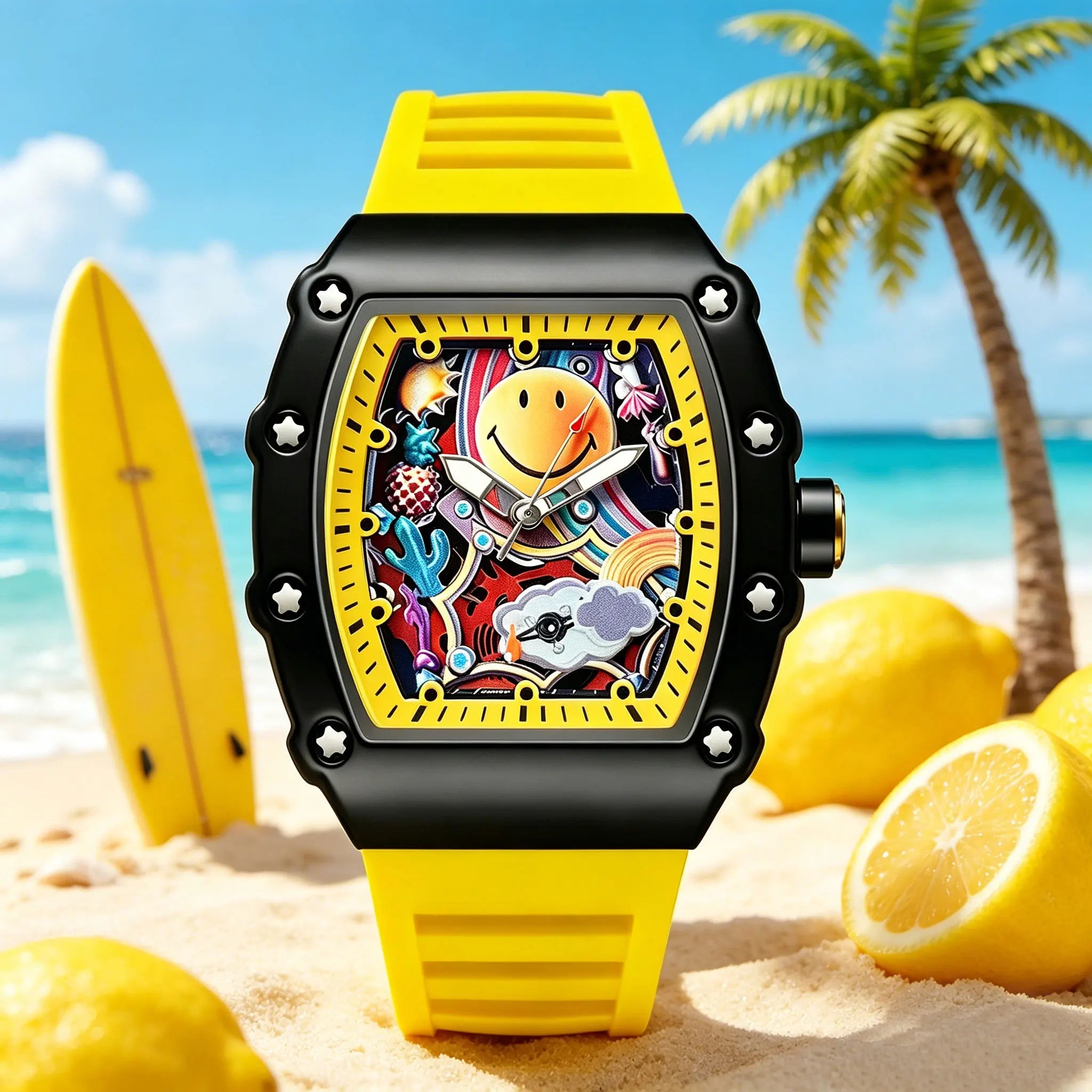 Hip Hop Smiley Face Graffiti Quartz Watch Unique Tonneau Case Colorful Dial Sport Silicone Band Casual Wristwatch for Men Women