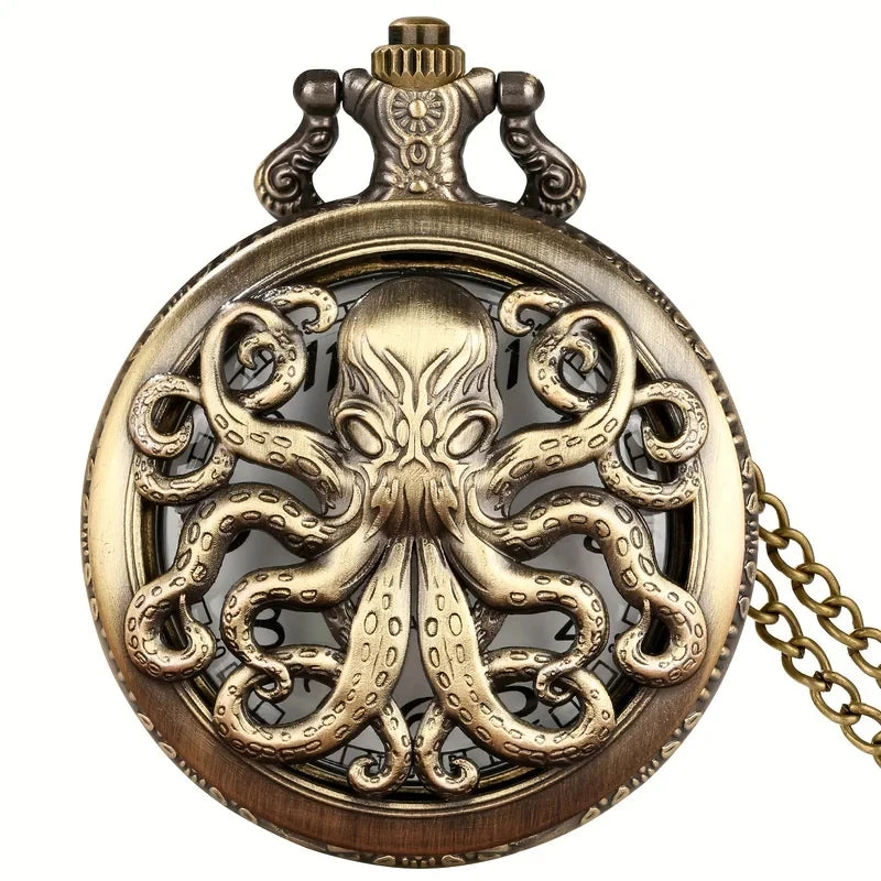 Bronze Octopus Pocket Watch Retro Unique Pattern Quartz Chain Chronograph Gift For Men Boys