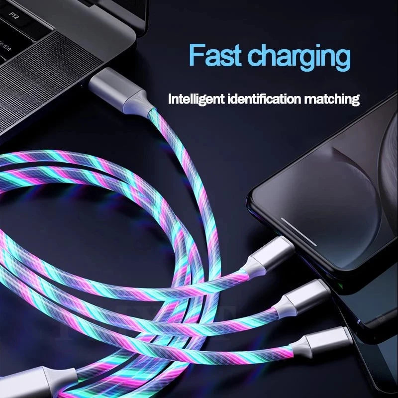 3 in 1 LED Light Glowing Charging Cable 3A Micro USB C Type C Flowing Streamer Type-C Cable for iPhone Xiaomi Huawei