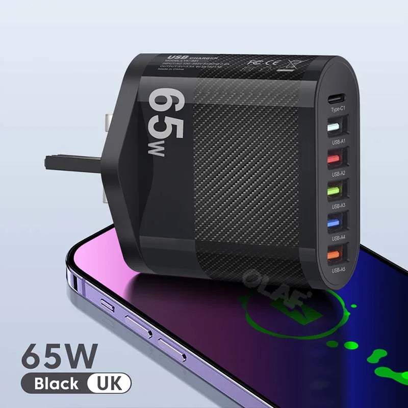 65W USB Charger 6 Ports Fast Charging PD Type C Charger Adpapter For iPhone Xiaomi Huawei Samsung QC 3.0 Fast Charge PD Charger