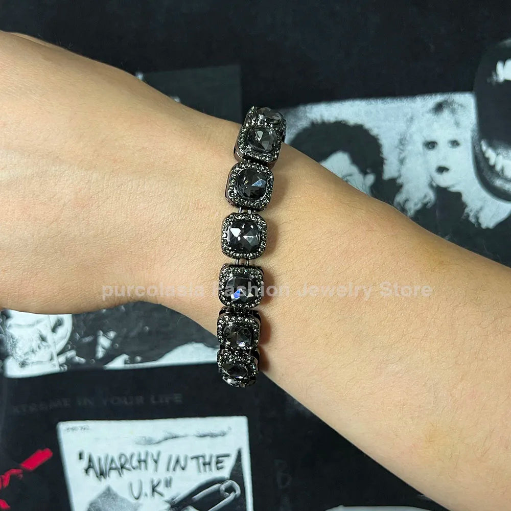 14mm Black Grey Bracelet Hip Hop Men Women Cuban Chain Bling Iced Out Rhinestones Paved Miami Necklace Jewelry