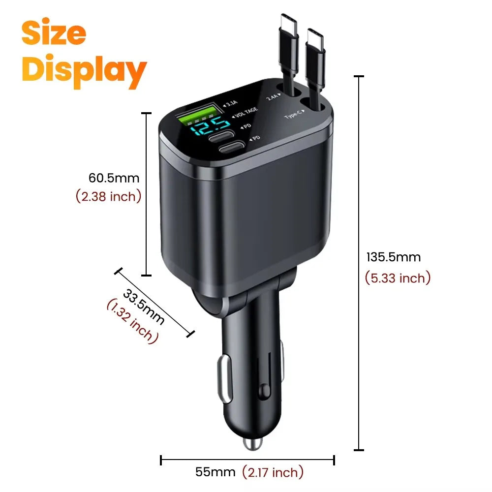 5 IN 1 Retractable Car Charger USB Type C PD Retractable Cable For iPhone Samsung Fast Charging Cord Cigarette Lighter Adapter