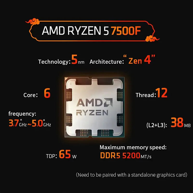 【Brand+】AMD Ryzen 5 7500F R5 7500F 3.7GHz 6-Core 12-Thread CPU Processor 5NM L3=32M 100-000000597 Socket AM5 Without cooler