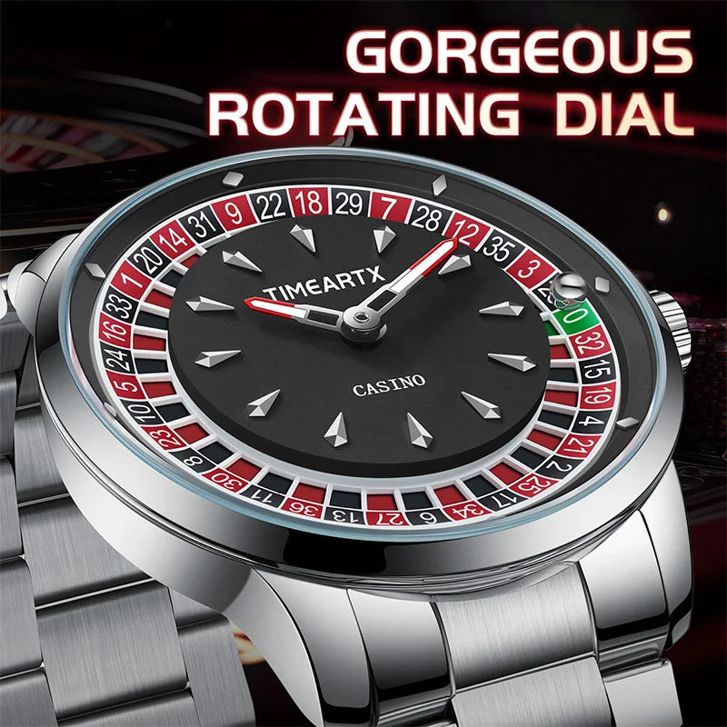 TIMEARTX Men's Watch New European Roulette Design Poker Game Fashion Quartz Movement Stainless Steel Wristwatch