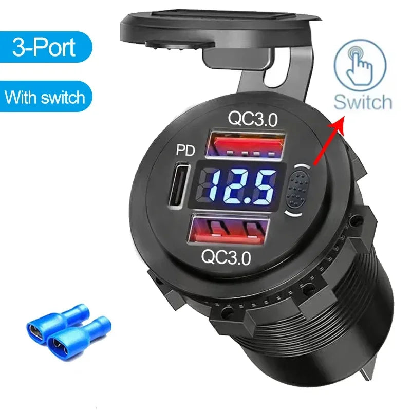 96W Dual PD QC3.0 USB Car Motobike Charger with Voltmeter Socket Power Outlet Adapter Waterproof for 12V/24V Car Boat Truck Moto
