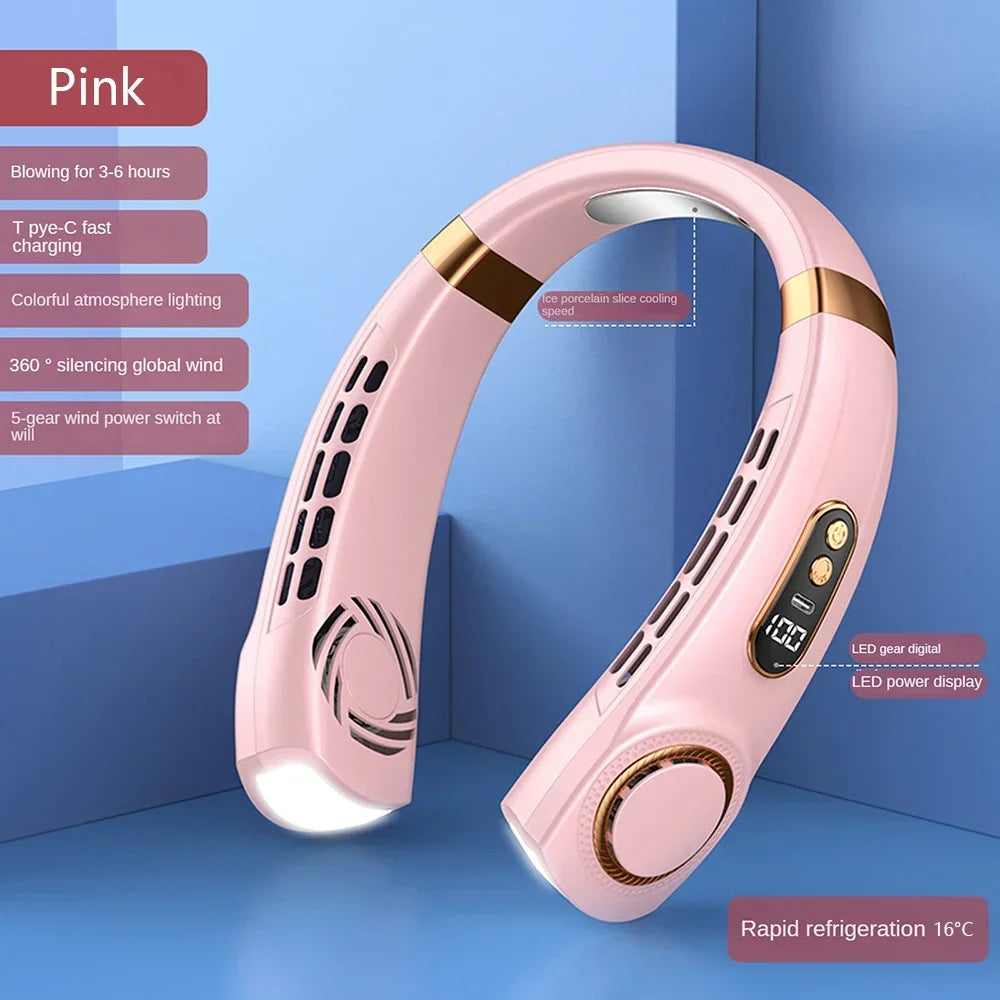 2026 New Portable Neck Fan USB Handheld Mute LED Digital Display Leafless Mini Electric Fan 5 Speed Colorful Atmosphere Lights