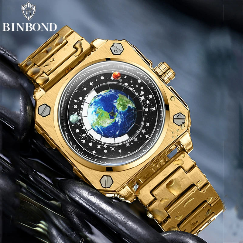 BINBOND Earth Watch For Men Rotating Earth Dial New Concept Creative Blue Planet Non Mechanical Pointer Silicone Tape Men Watch