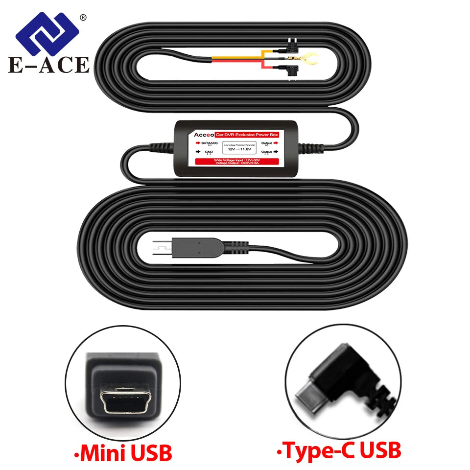 E-ACE 3.5 Meters Buck Line Mini USB Type-C Car Charger Wire Kit For Dash Cam Reaview Mirror 24H Parking Monitoring