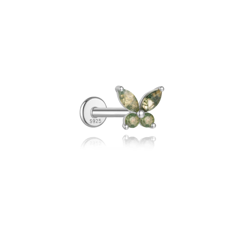 Aide 1PC Natural Water Grass Agate 925 Sterling Silver Flat Head Thread Puncture Earring Green Moss Piercing Ear Bone Earring