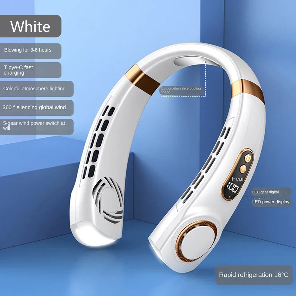 2026 New Portable Neck Fan USB Handheld Mute LED Digital Display Leafless Mini Electric Fan 5 Speed Colorful Atmosphere Lights
