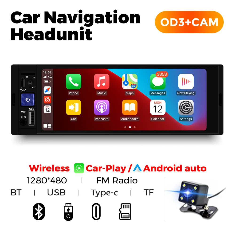 1Din Wireless CarPlay Android AUTO HD touch screen Universal 6.86'' Car Radio FM Stereo MP5 multimedia player BT TF port Camera
