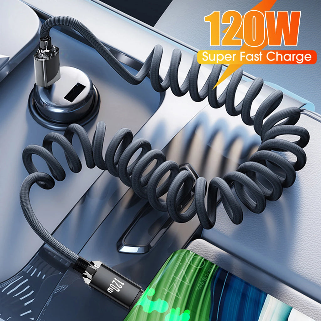 120W Retractable USB A To Type C Cable High-speed Quick Charging Data Line Sturdy Nylon Coiled USB C Wire for Carplay Mi Android