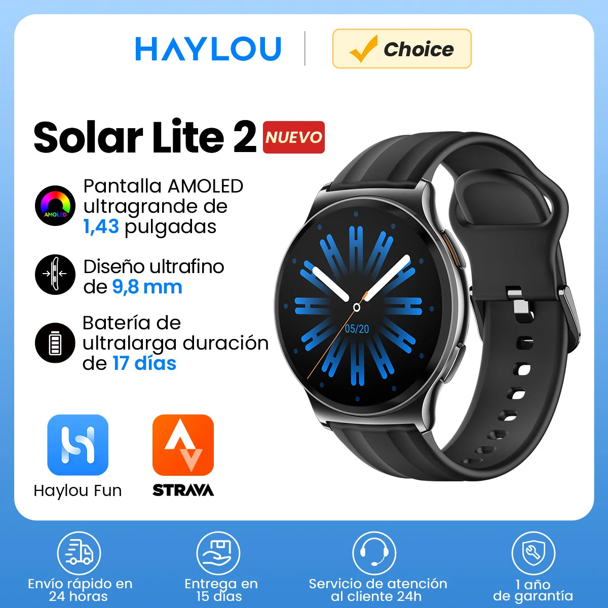 HAYLOU Solar Lite 2 Smartwatch 1.43'' AMOLED Display 24h Health Monitoring 150+ Sports Modes Voice Calling Smart Watch 1ATM