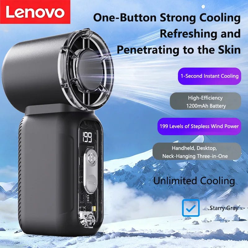 Lenovo Best Selling Summer Super Mini Rechargeable Handheld High Speed Fan Powerful Wind Ultra Quiet Digital Display Pocket Fan