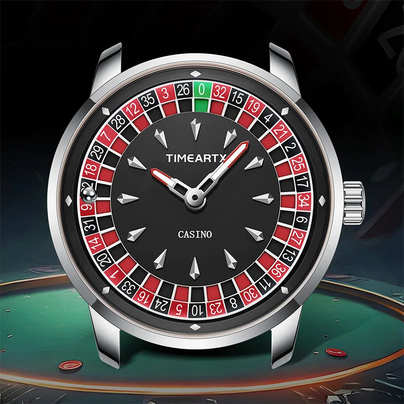 TIMEARTX Men's Trendy Watch European Roulette Poker Game Style Quartz Movement Genuine Leather Luxury Watch