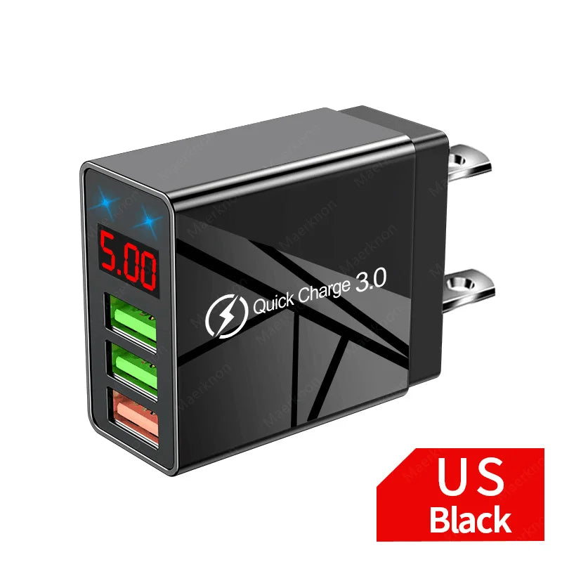 USB Fast Charger 3 Port With LED Display Phone Adapter For iPhone Samsung Xiaomi Huawei Quick Charge 3.0 EU/US Plug Wall Charger