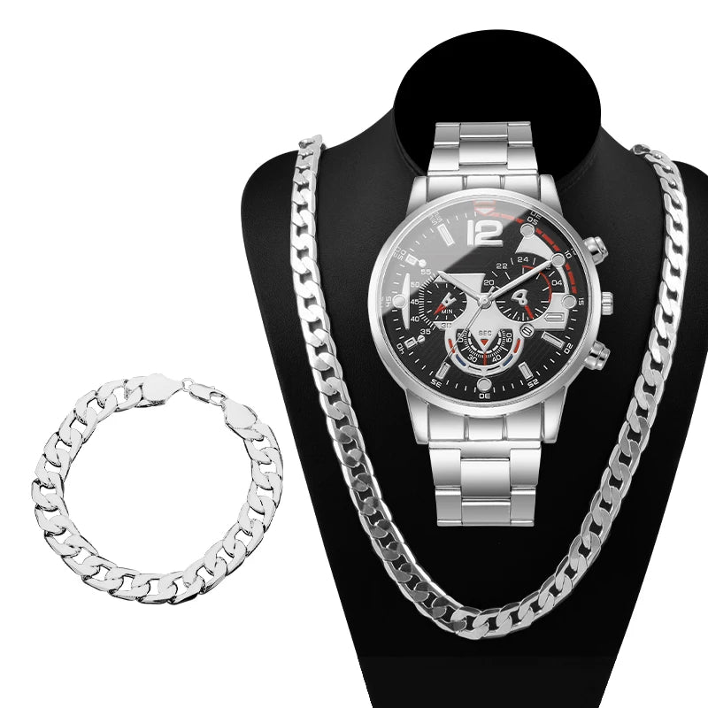 3PCS Fashion Men Business Watches Bracelet Necklace Set Luxury Steel Band Male's Analog Quartz Watch Reloj Hombre（Without Box）