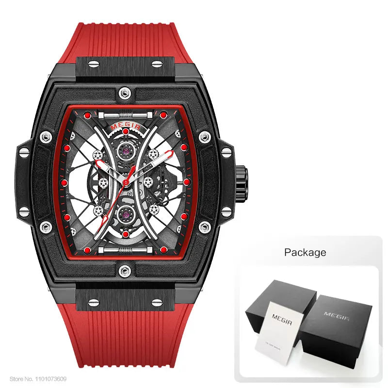 MEGIR Fashion Analog Quartz Watch Men Tonneau Dial Waterproof Military Sport Wristwatch with Luminous Hands Orange Silicone Band