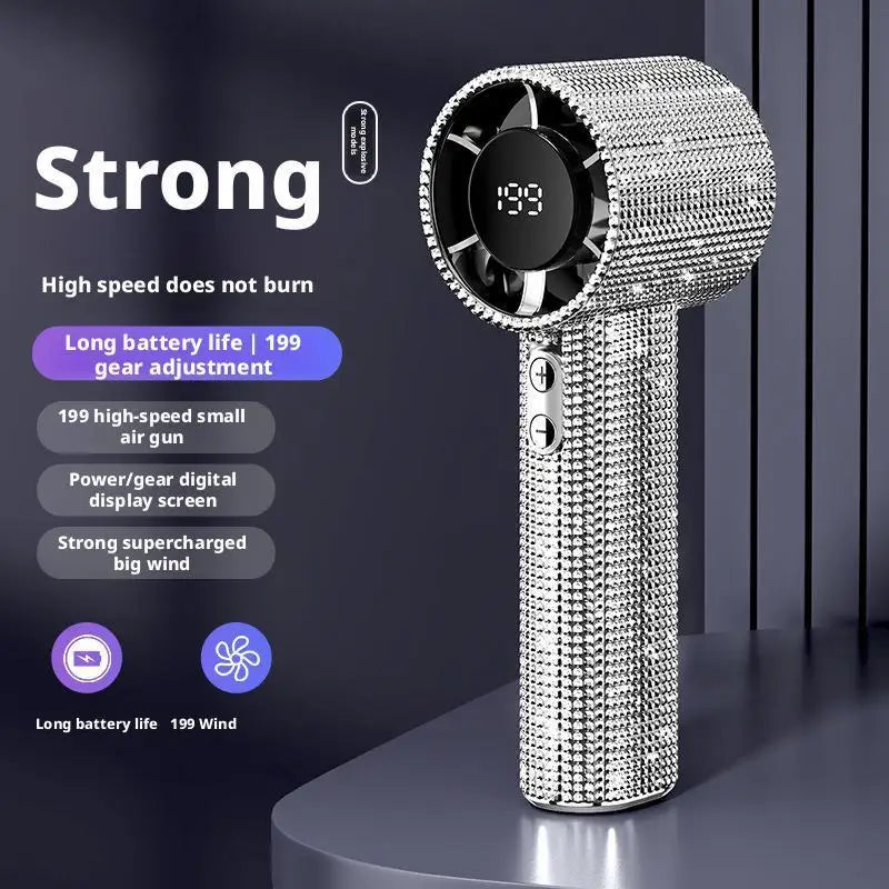 199 Speeds Strong Wind Outdoor Portable Handheld Fan Covered With Diamonds Type-C Rechargeable Outdoor Ice Cooling Fans ﻿
