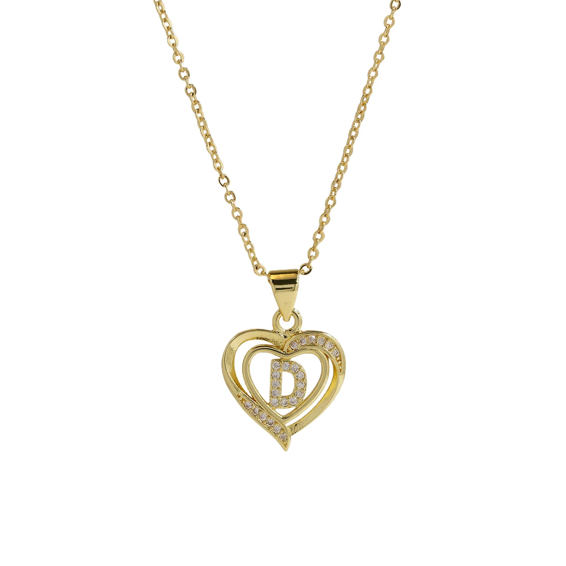 A-Z English Letter Initial Necklace Gold Color Plated Necklace Micro Setting Zircon Heart Necklace for Women