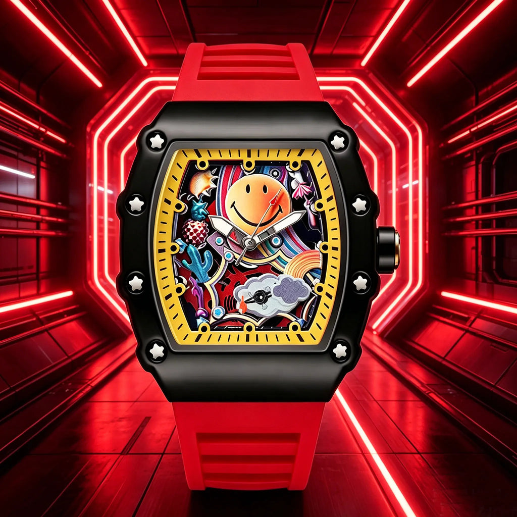 Hip Hop Smiley Face Graffiti Quartz Watch Unique Tonneau Case Colorful Dial Sport Silicone Band Casual Wristwatch for Men Women