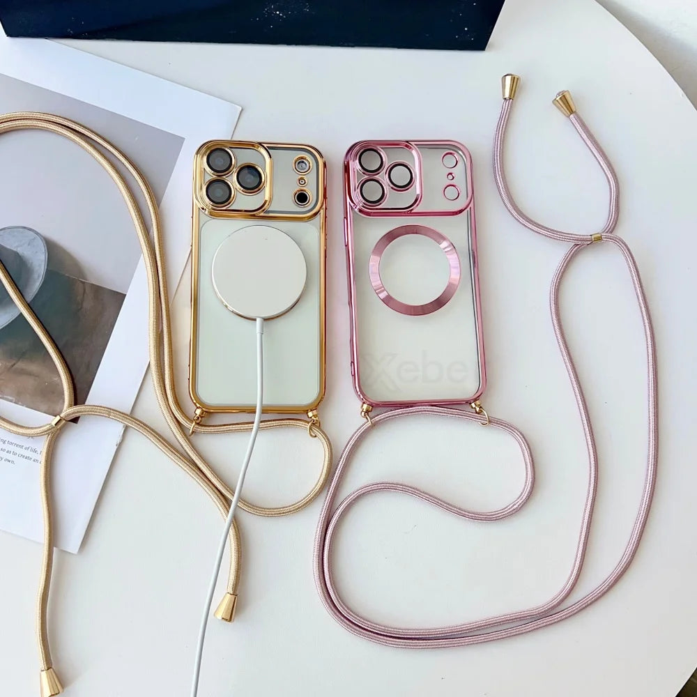Plating Clear Magnetic For Magsafe Wireless Charging Cases For iPhone 17 Pro Max 16 15 14 12 13 Crossbody Lanyard Necklace Cover