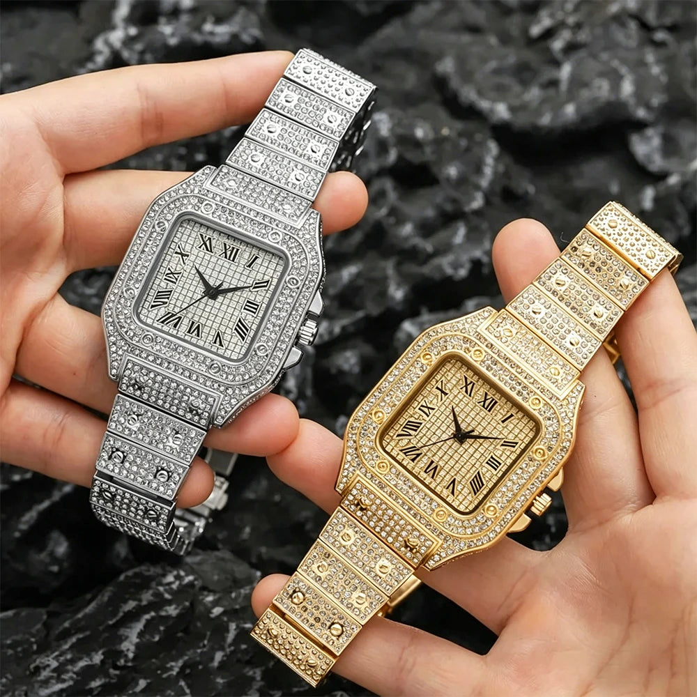 Luxury Men's Business Watches Steel Strap Square Roman Scale Rhinestone Quartz Watch Lesiure Male Wristwatch Relogio Masculino