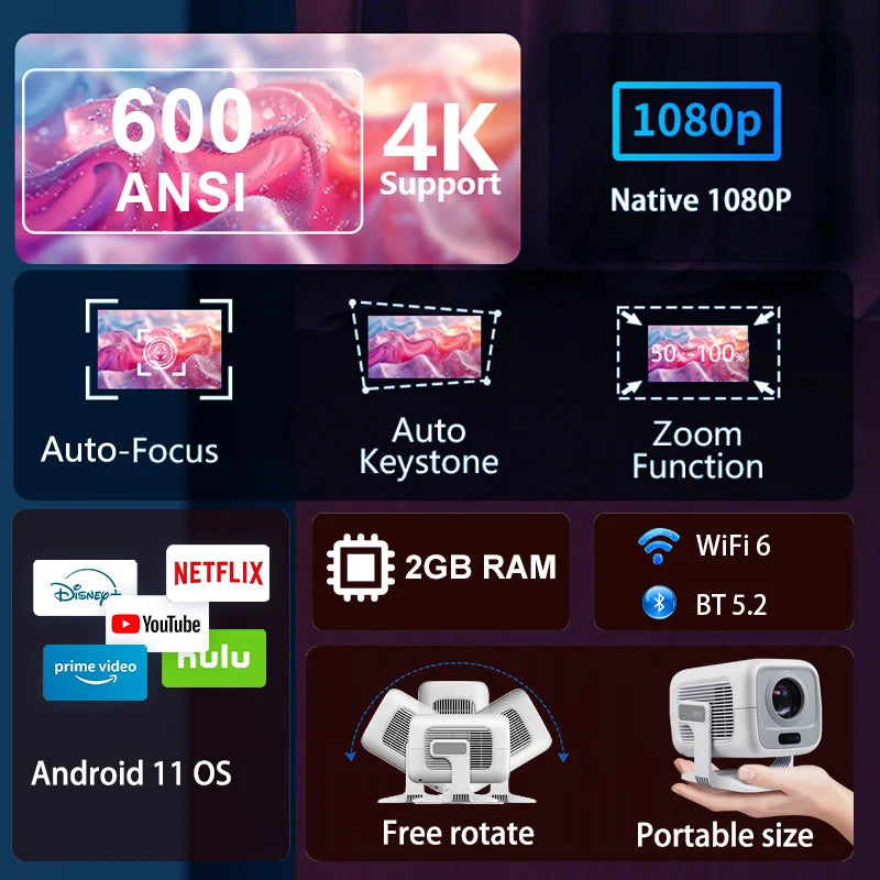 Huaweishi 4K Projector Android Native Portable 1080P 600ANSI Auto FocusVideo home Cinema Outdoor hd led Projetor