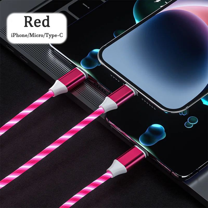 3 in 1 LED Light Glowing Charging Cable 3A Micro USB C Type C Flowing Streamer Type-C Cable for iPhone Xiaomi Huawei