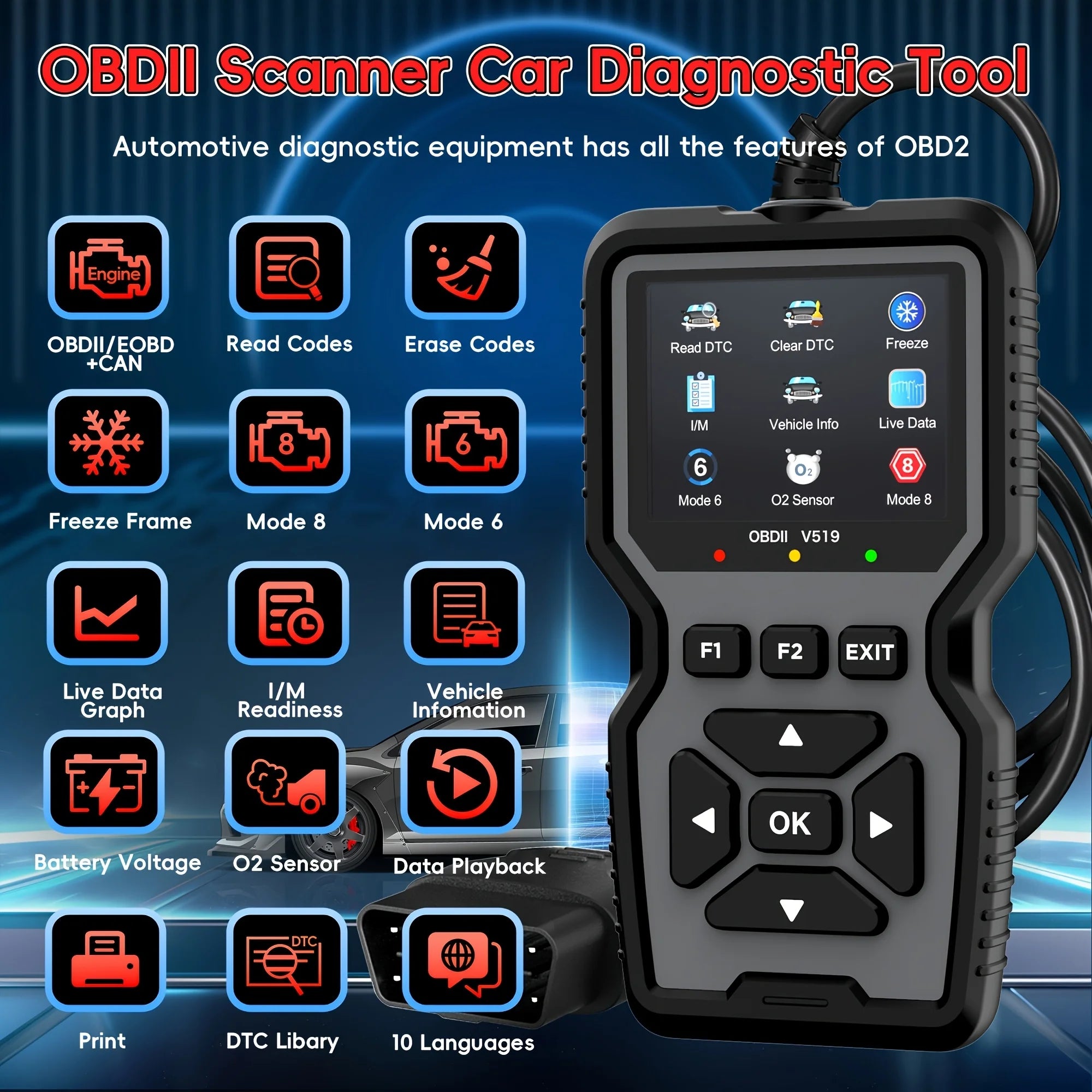 2025 V519 Professional Obd2 Scanner - Usb-Powered Automotive Diagnostic Tool with Real-Time Data Stream, Full-Featured Obd Ii Testing (I/M Ready, Bod2/Eobd), Clears Engine Fault Lights, Reads/Erases Codes for Most Vehicles, A