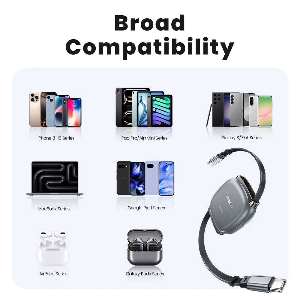 Toocki PD100W USB-C Cable Magnetic Slot Design 7 Adjustable Length 1M Retractable USB C to Type C Cable for iPhone 16 15 AirPods
