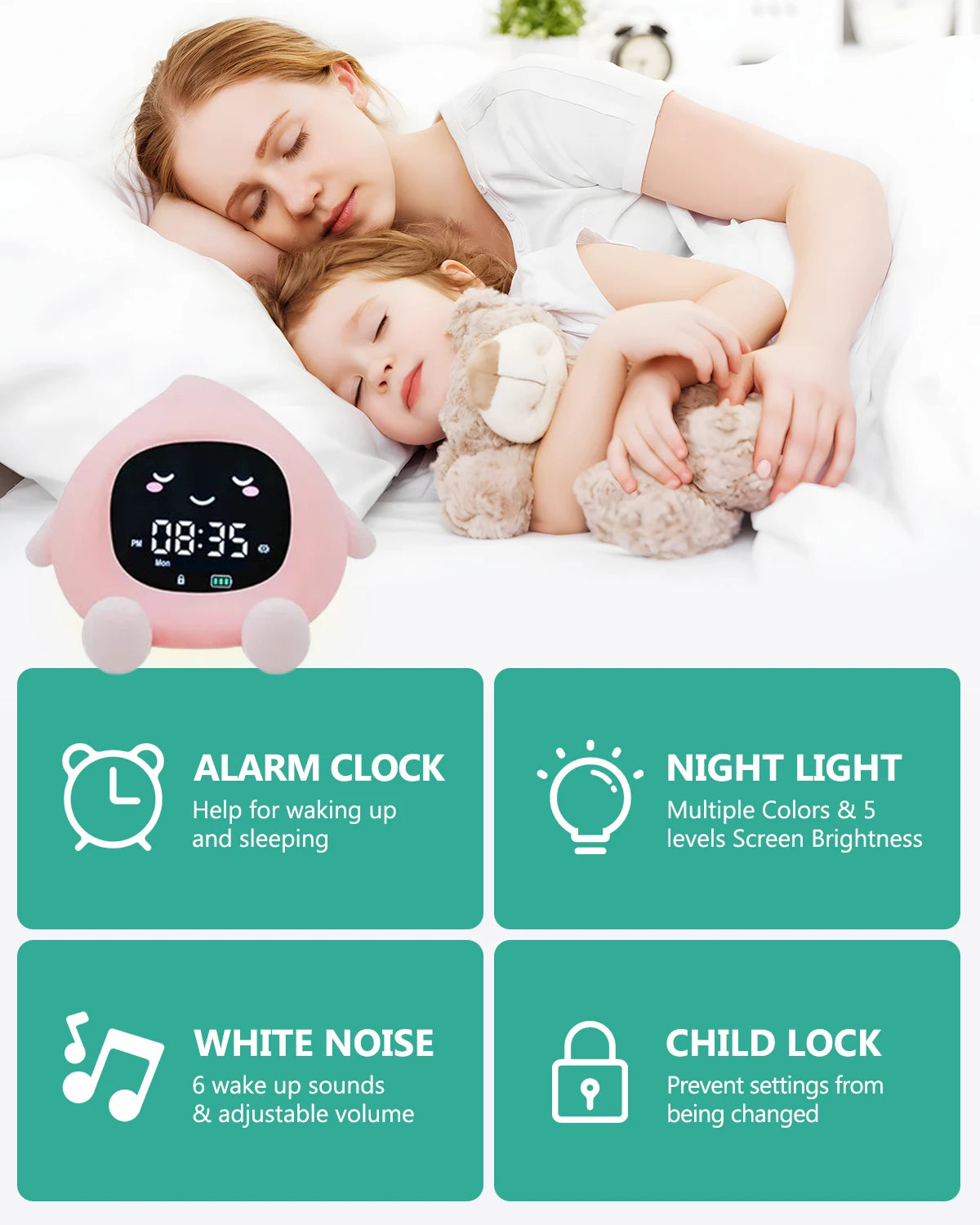 ORIA Kids Alarm Clock Sleep Training Alarm Clock Wake Up Rechargeable Clock with 9 Color Night Light&Child Lock Clocks For Home