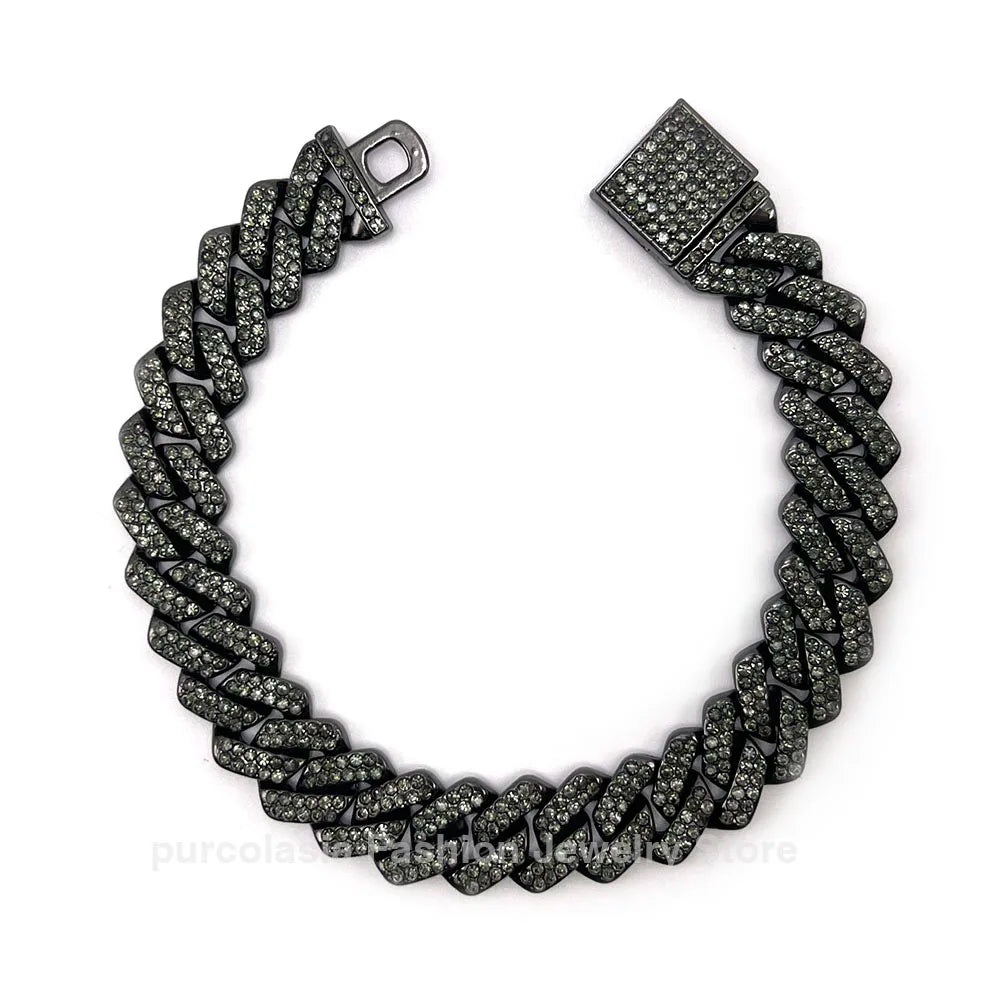 14mm Black Grey Bracelet Hip Hop Men Women Cuban Chain Bling Iced Out Rhinestones Paved Miami Necklace Jewelry