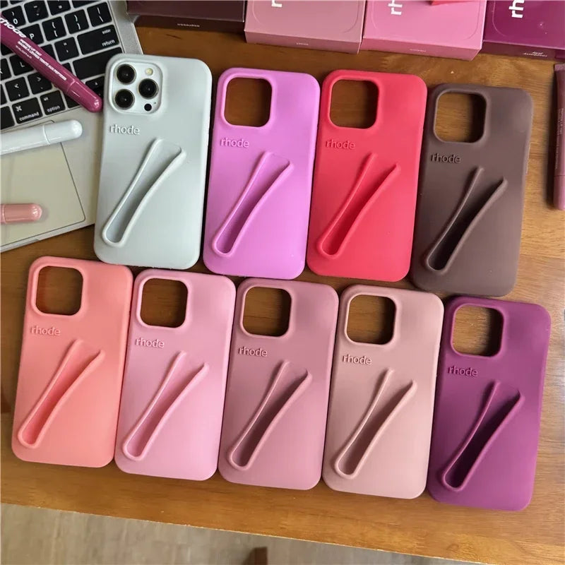 For iPhone 16 12 13 14 15 11 Pro Max Plus 17 Fashion Rhode Phone Case Gray Toast Espresso Ribbon Lip Gloss Holder Silicone Cover