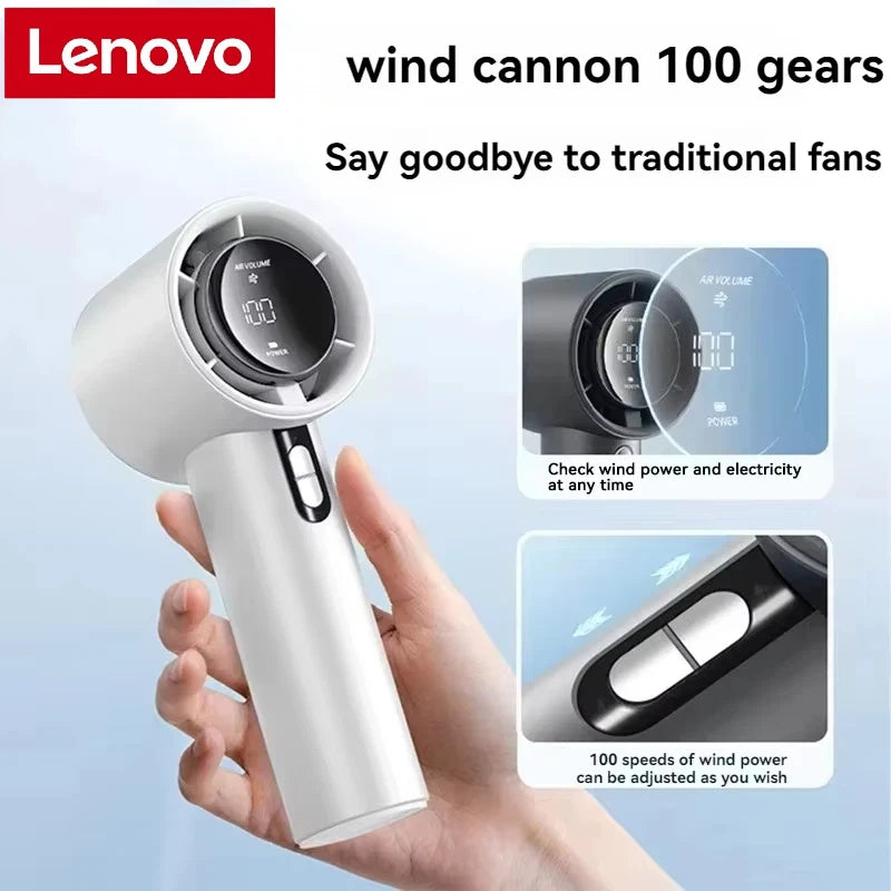 Lenovo Ultra Quiet 100 Speed Handheld Fan USB Rechargeable Portable Mini Turbo Fan for Office and Travel with LED Indicator