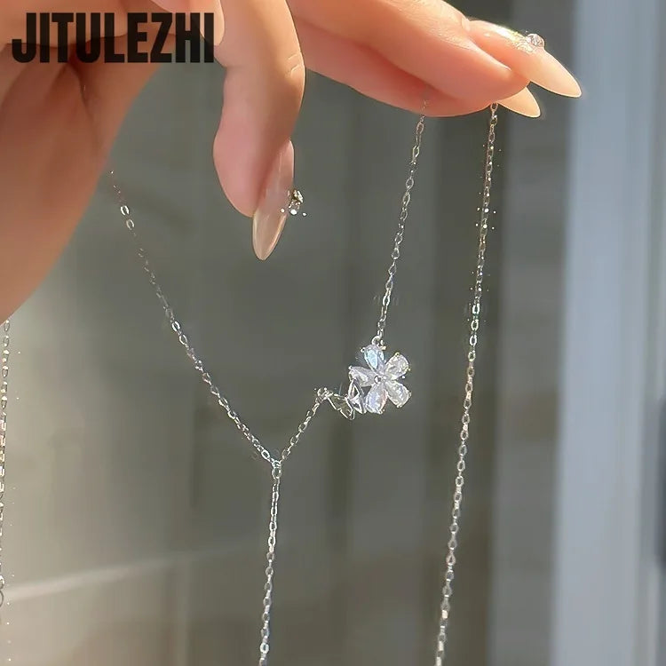 Trendy 925 Sterling Silver Pendant Necklace For Women Butterfly Flower Shape Pendant Sparkling Zircon Party Silver Fine Jewelry