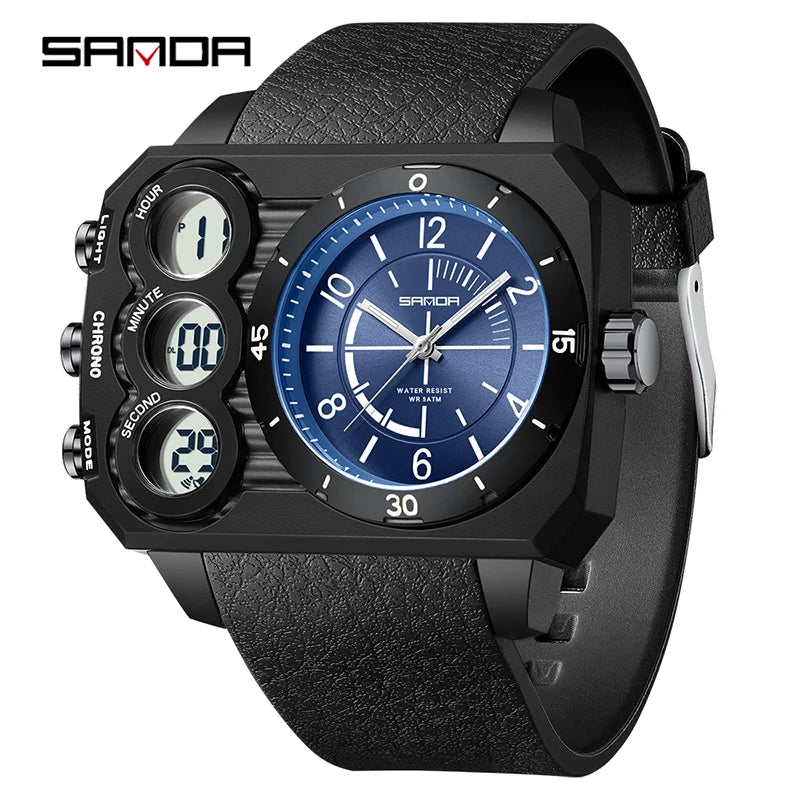 SANDA Fashion Men's Dual Display Electronic Watch Sports Multifunctional Waterproof Night Light LED Men's Electronic Watch 6237