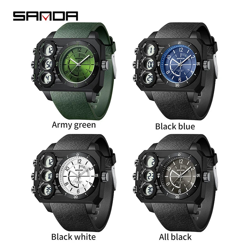 SANDA Fashion Men's Dual Display Electronic Watch Sports Multifunctional Waterproof Night Light LED Men's Electronic Watch 6237