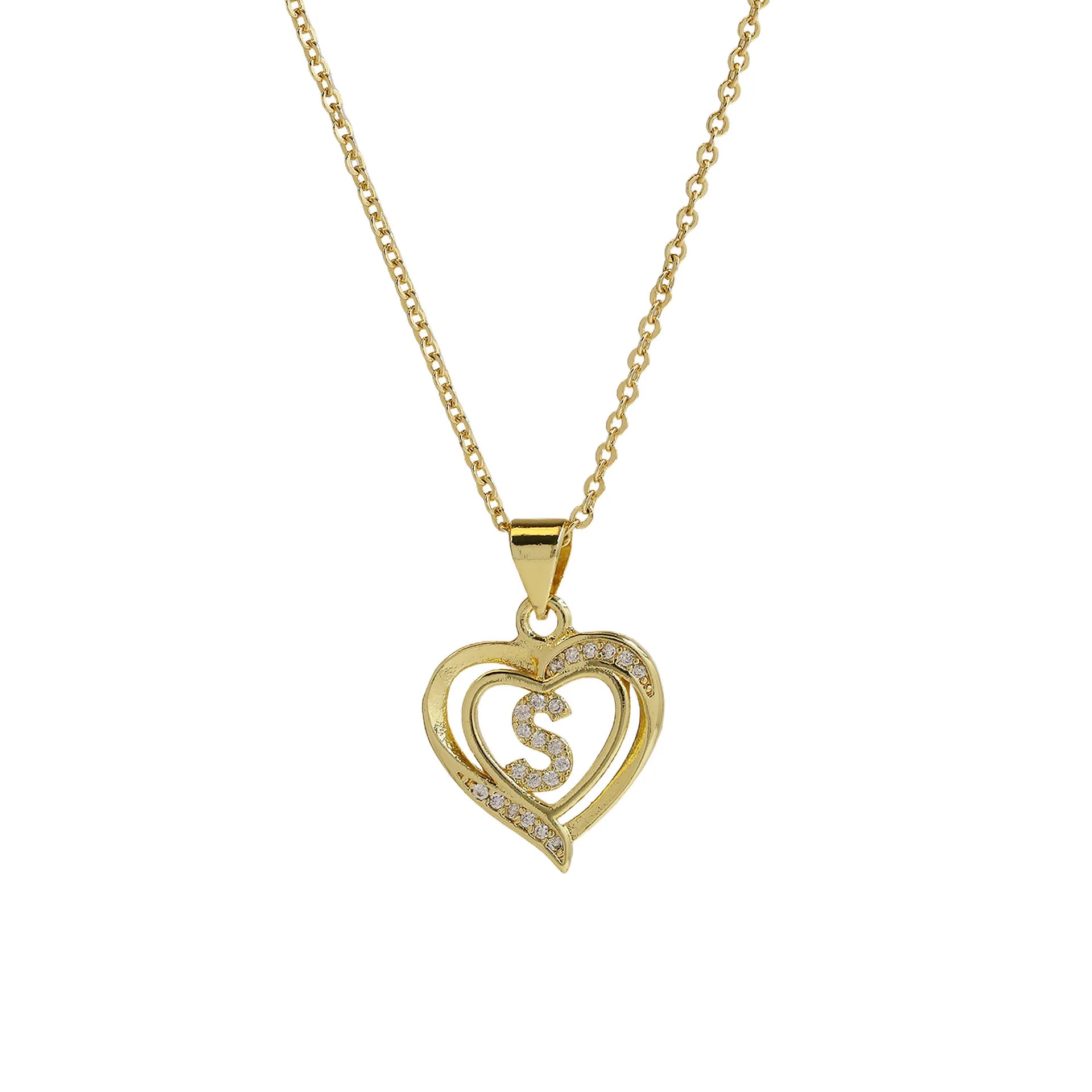 A-Z English Letter Initial Necklace Gold Color Plated Necklace Micro Setting Zircon Heart Necklace for Women