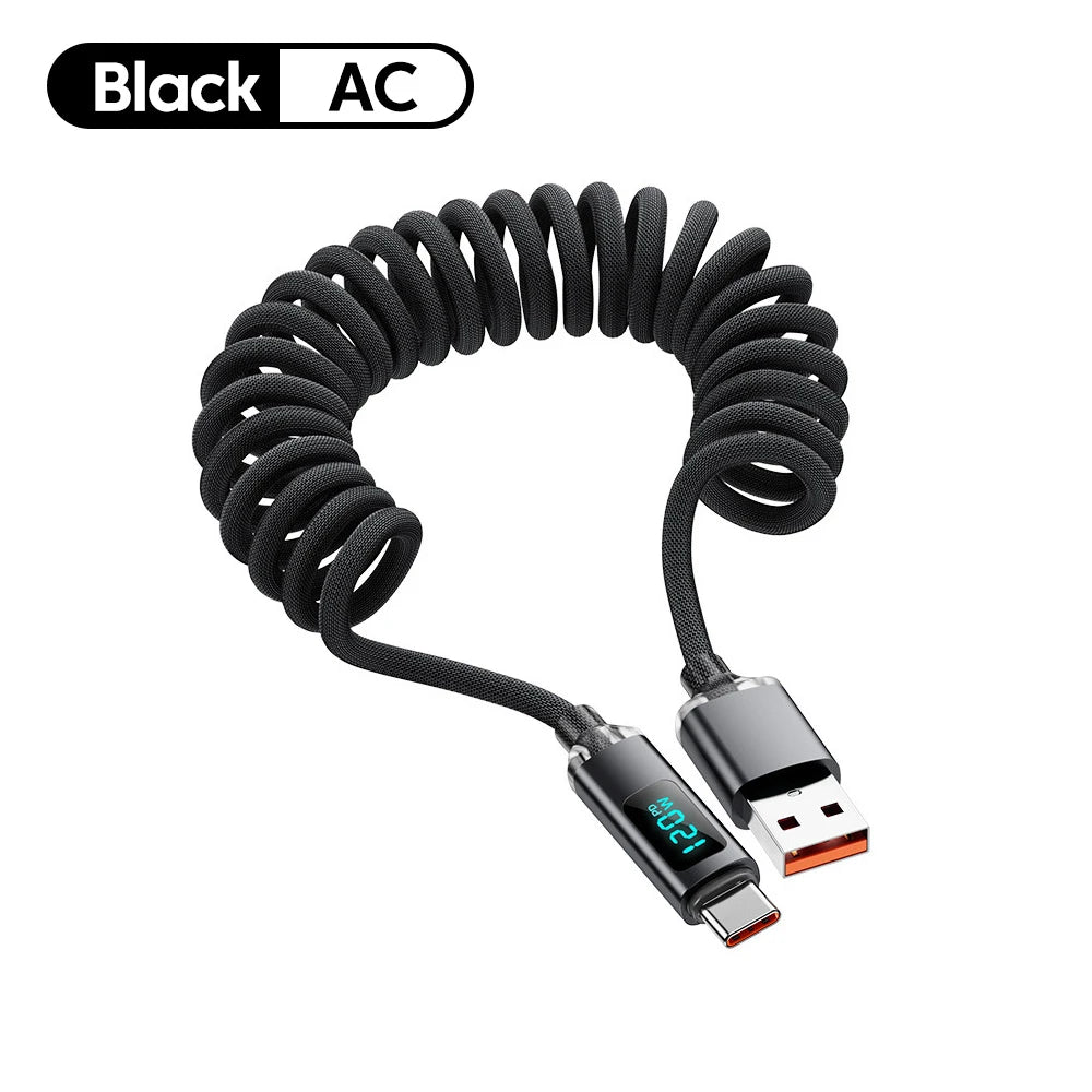 120W Car Retractable Cable Digital Display Spring USB A Type C To Type C Cable For Samsung iPhone 16 Fast Charging Charger Cable