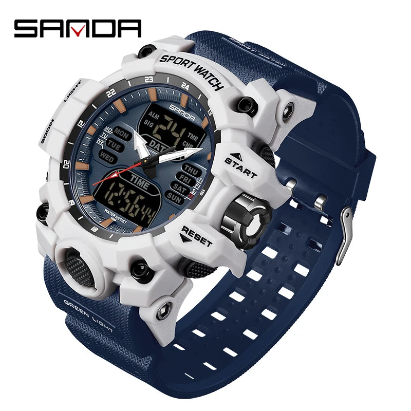 SANDA Dual Display Men Watches Waterproof Sports Watch Military Man Alarm Stopwatch Quartz Wristwatch Male LED Digital Clock6126