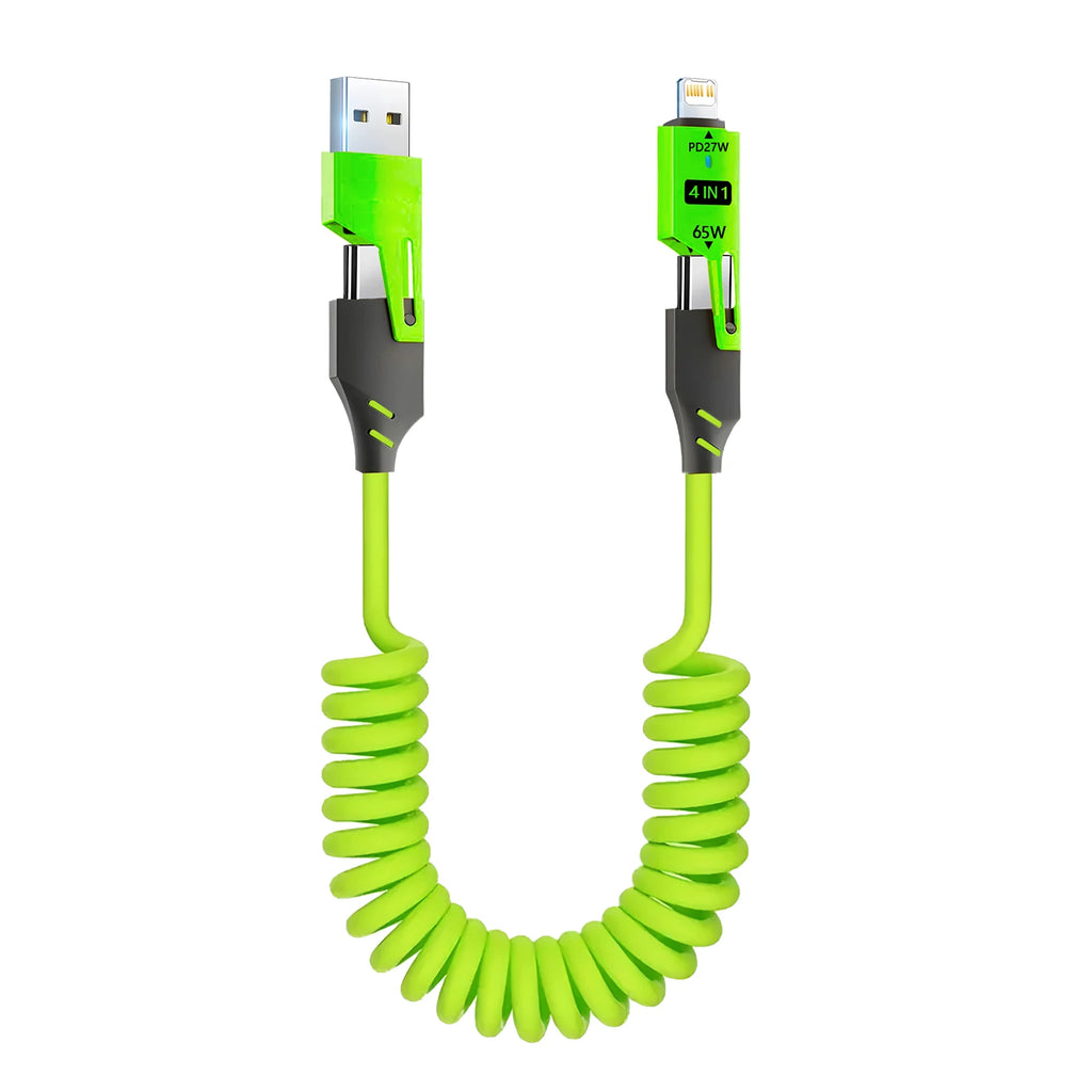 65W 4 in 1 Spring Short Data Cable 6A USB Type C Spring Telescopic Quick Charger Wire Spring USB Cable for iPhone iPad MacBook