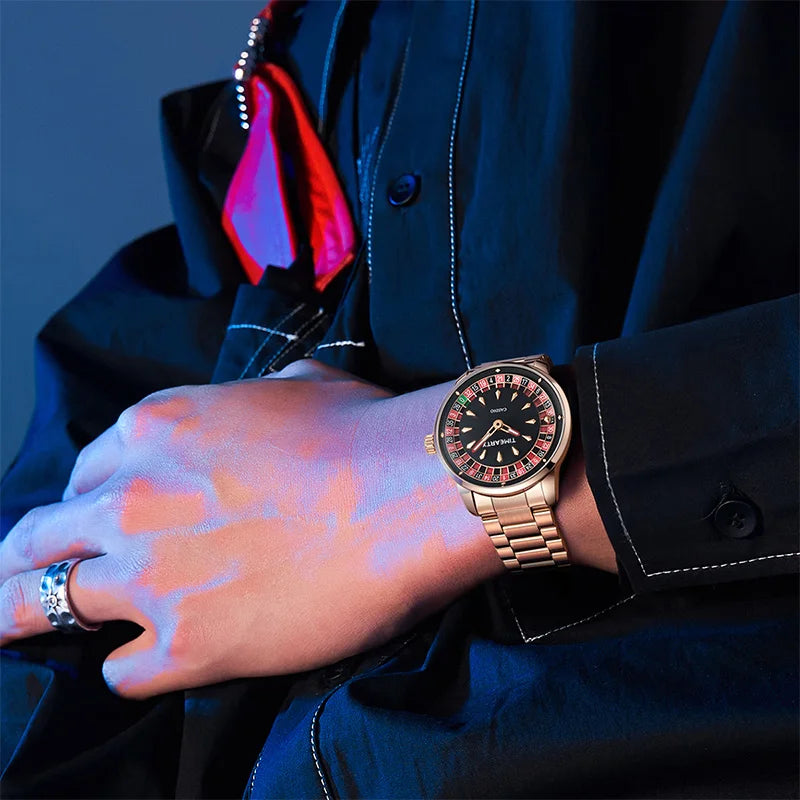 TIMEARTX Men's Watch New European Roulette Design Poker Game Fashion Quartz Movement Stainless Steel Wristwatch
