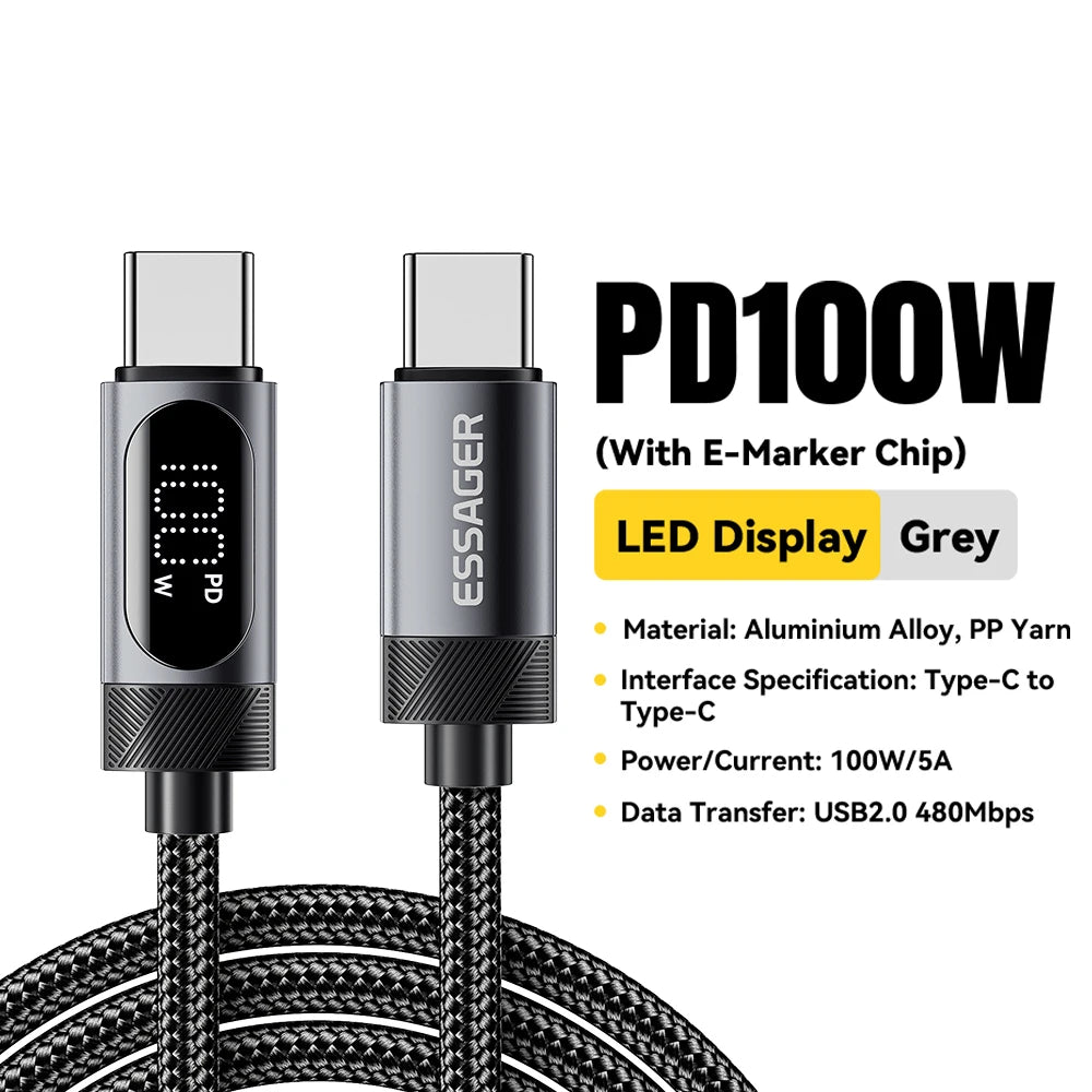 Essager Digital Dispaly USB C Cable For iPhone 17 16 Xiaomi Huawei 100W PD Fast Charging For Macbook iPad Type C to Type C Cable