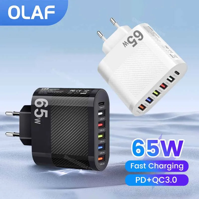 65W USB Charger 6 Ports Fast Charging PD Type C Charger Adpapter For iPhone Xiaomi Huawei Samsung QC 3.0 Fast Charge PD Charger