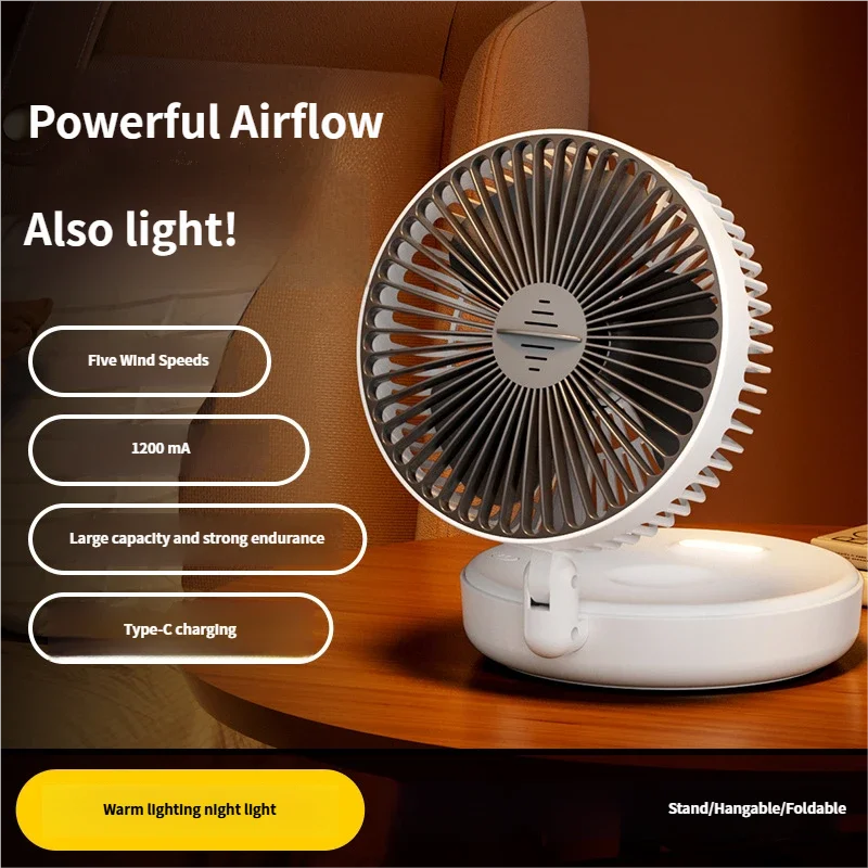 5000mAh Foldable Glow-in-the-Dark Fan Wall Mount Portable Quiet High-Speed Air Circulation Fan for Students Office Desk Fan