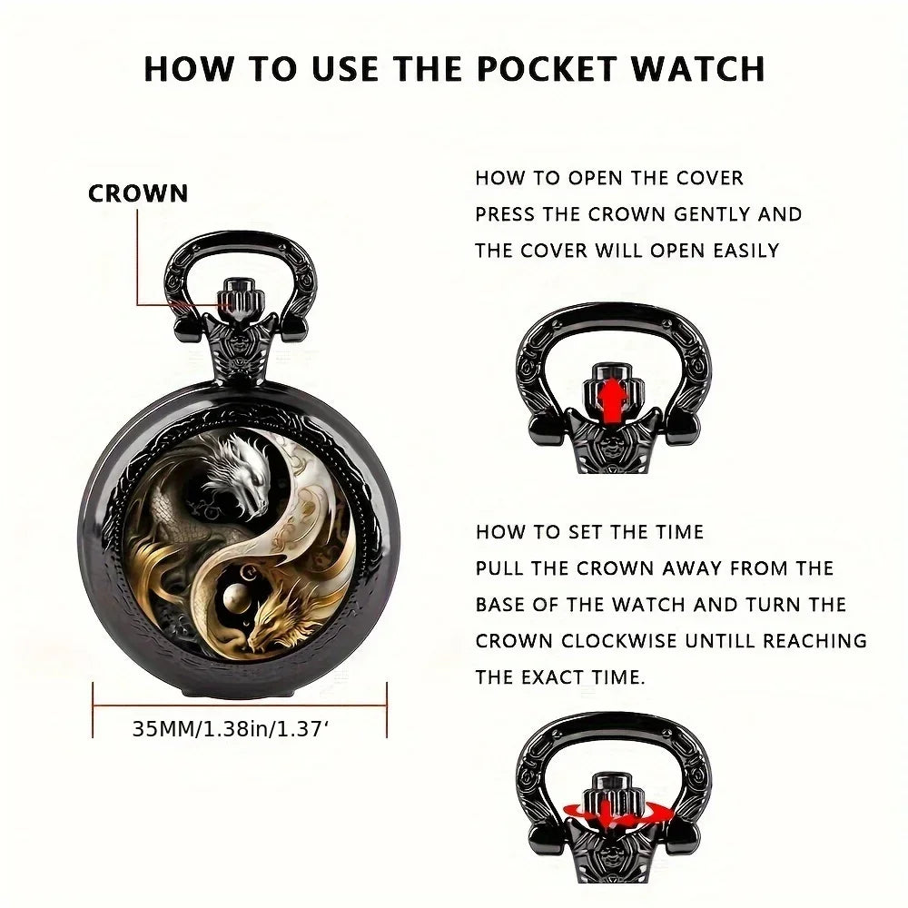 Retro Golden And Silvery Double Dragon Quartz Pocket Watch