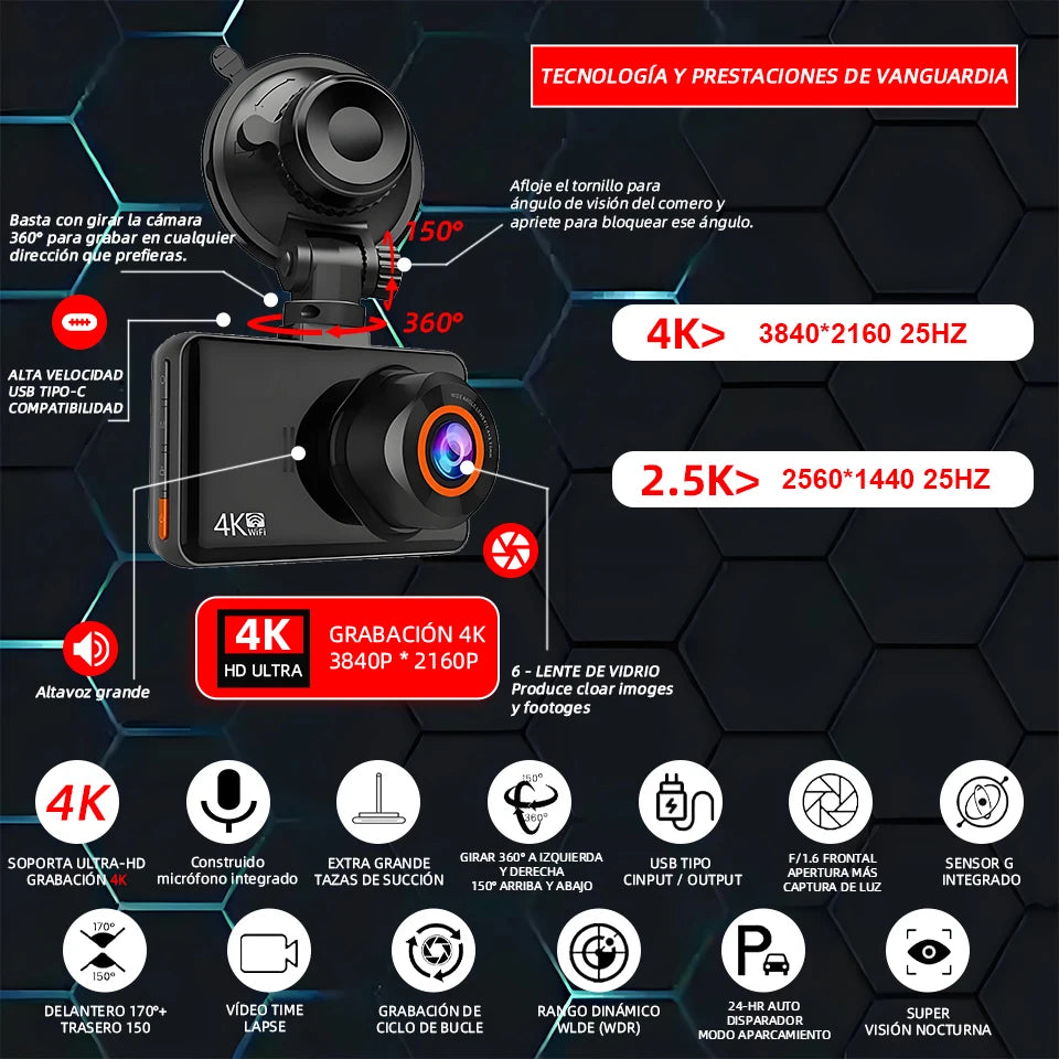E-ACE Dash Cam 4K+2.5K Dual Channel Car Dvr Support WIFI GPS Speed Display 24h Parking Loop Record Night Vision Black Box